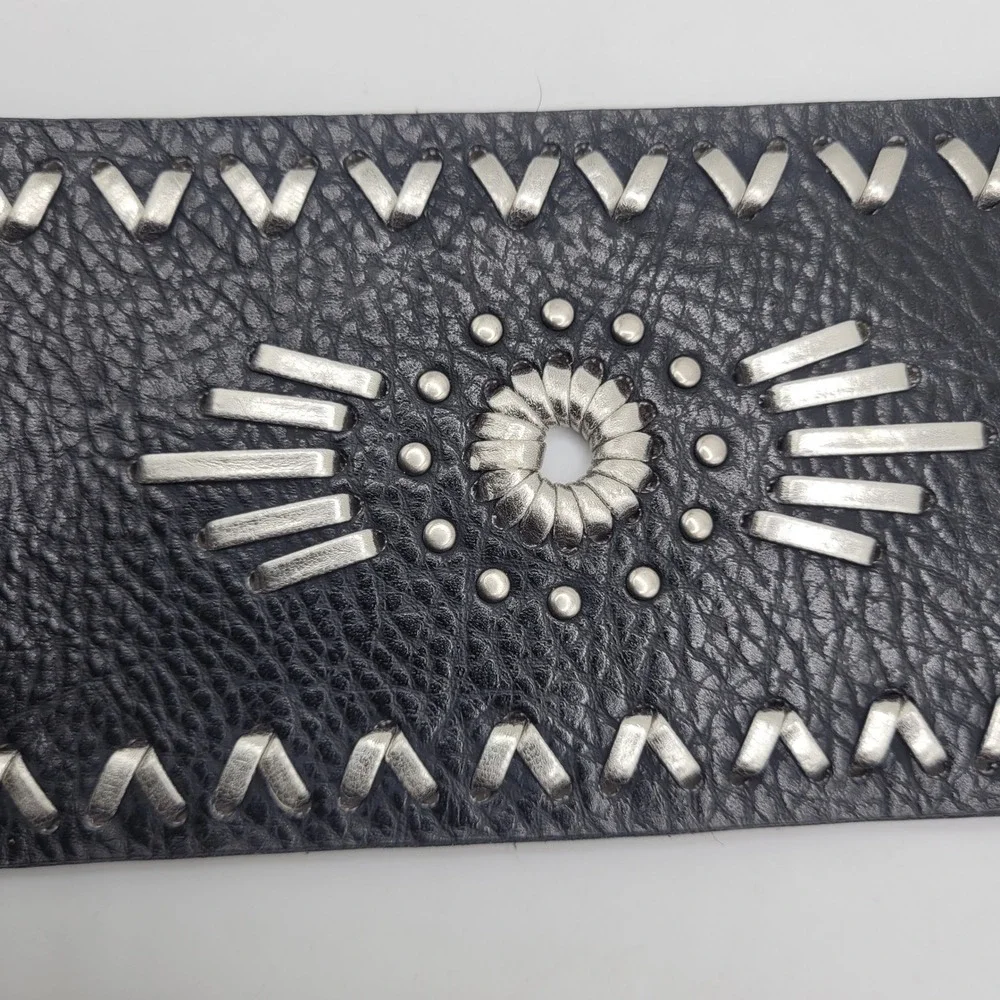 Nine West Belt Medium Black Studded Whipstitch Double Buckle Corset Cowgirl Boho